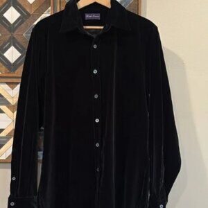 Vintage Ralph Lauren Purple Label Black Cotton Velvet Button Up Shirt Large